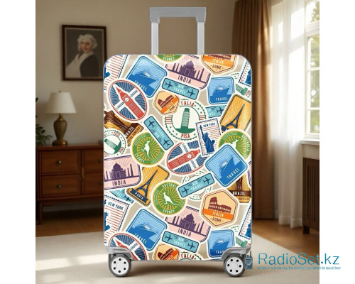 Чехол для чемодана эластичный полиэстер с принтом TRAVEL  разные страны Размер M